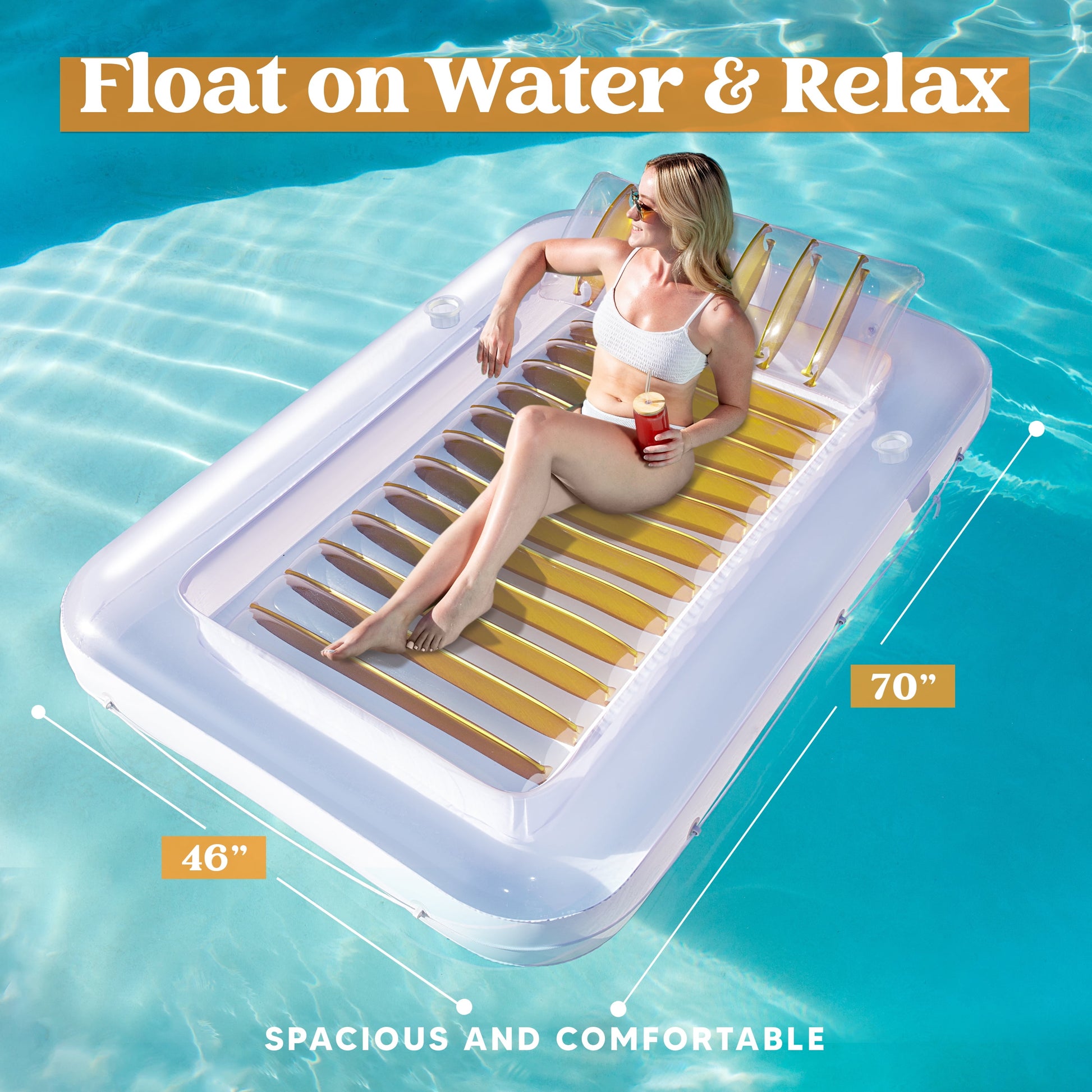 Inflatable Tanning Pool Lounger Float for Adults, 70" X 46" Large Suntan Tub Pool Floats Sun Tan Tub Ice Bath Tub Tanning Bed Blow up Pool Raft Lounge Floatie,L-Golden White