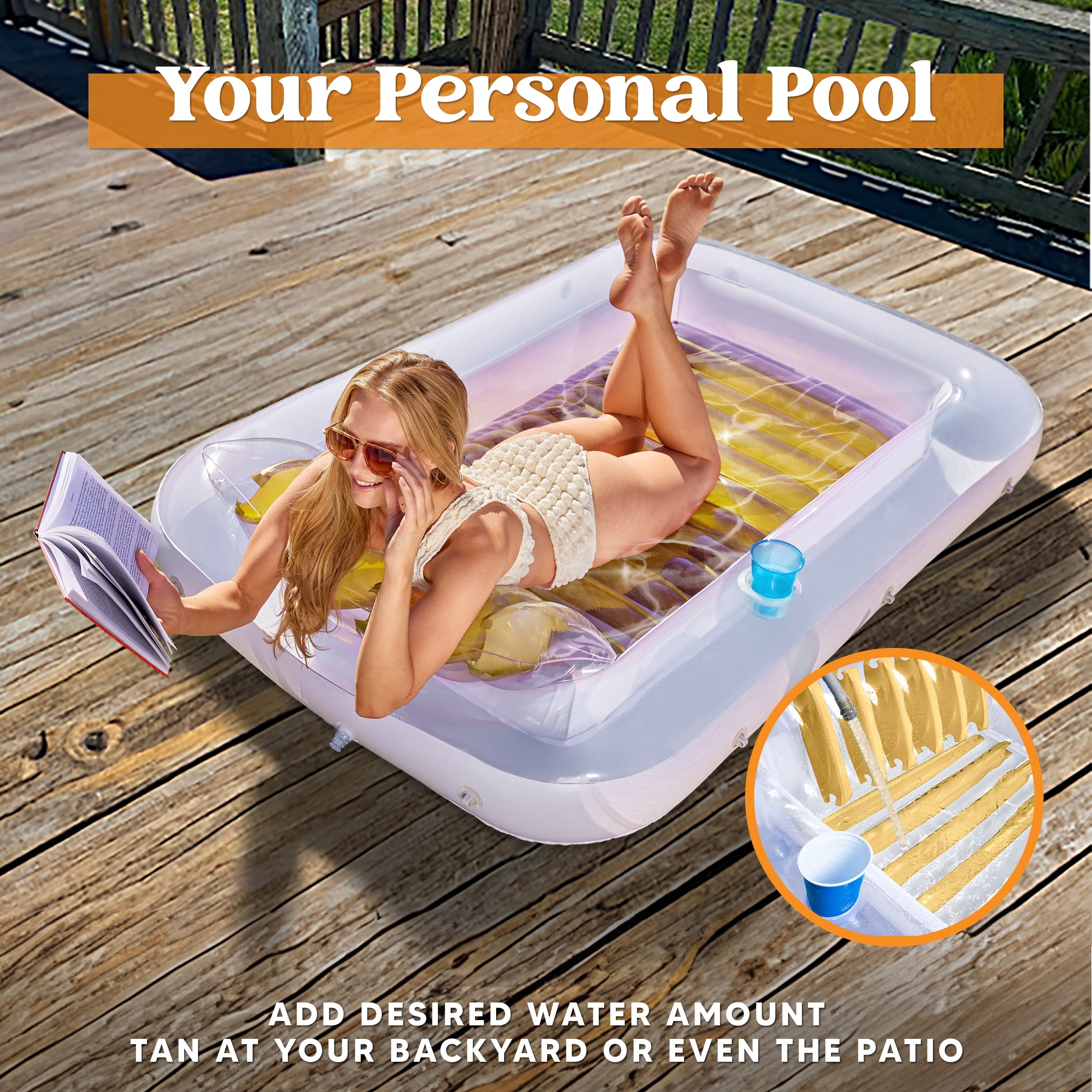 Inflatable Tanning Pool Lounger Float for Adults, 70" X 46" Large Suntan Tub Pool Floats Sun Tan Tub Ice Bath Tub Tanning Bed Blow up Pool Raft Lounge Floatie,L-Golden White